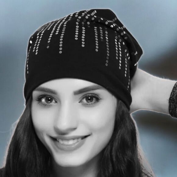 Black Silver Sequins Waterfall Lightweight Cotton Beanie Cap - NEW - Picture 2 of 4